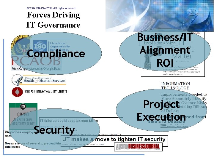 © 2009 ISACA/ITGI. All rights reserved. Forces Driving IT Governance Compliance Business/IT Alignment ROI © 2009 ISACA/ITGI. All rights reserved. Forces Driving IT Governance Compliance Business/IT Alignment ROI