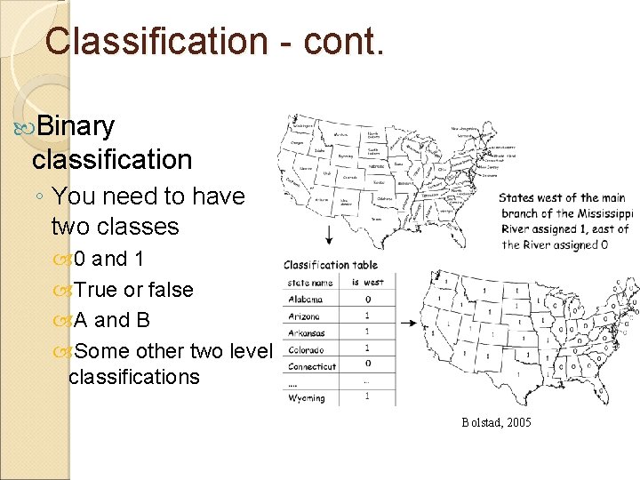 Classification - cont. Binary classification ◦ You need to have two classes 0 and