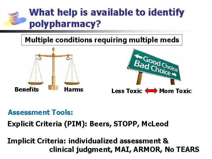 What help is available to identify polypharmacy? Multiple conditions requiring multiple meds Benefits Harms