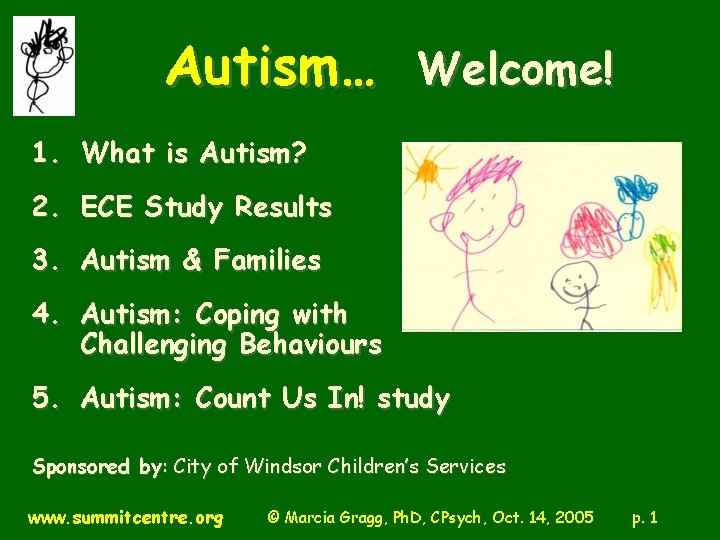 Autism… Welcome! 1. What is Autism? 2. ECE Study Results 3. Autism & Families
