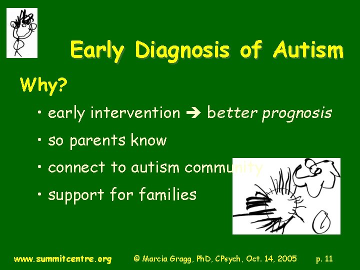 Early Diagnosis of Autism Why? • early intervention better prognosis • so parents know