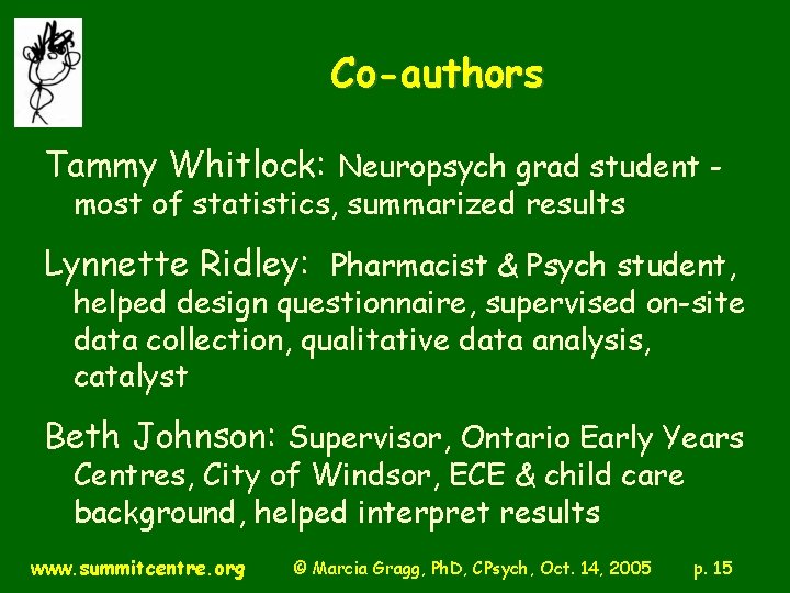 Co-authors Tammy Whitlock: Neuropsych grad student most of statistics, summarized results Lynnette Ridley: Pharmacist