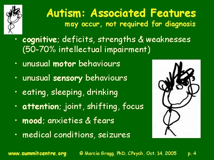 Autism: Associated Features may occur, not required for diagnosis • cognitive; deficits, strengths &