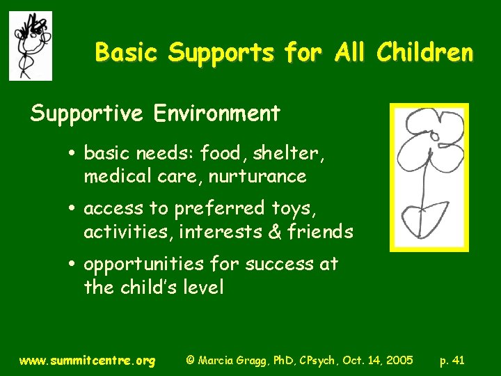 Basic Supports for All Children Supportive Environment basic needs: food, shelter, medical care, nurturance