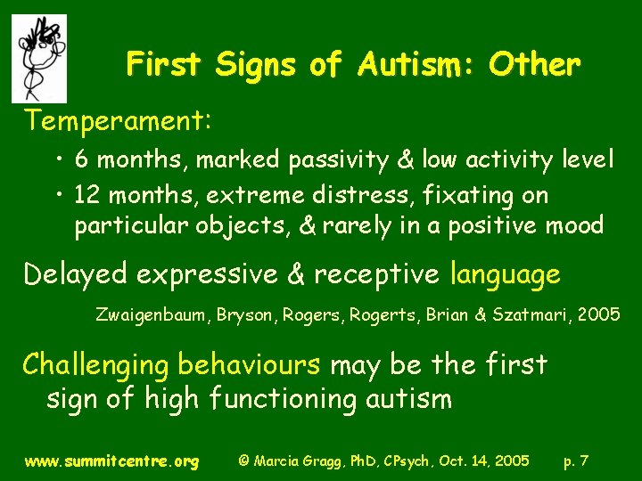 First Signs of Autism: Other Temperament: • 6 months, marked passivity & low activity