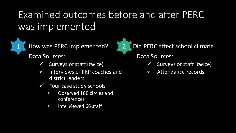 Examined outcomes before and after PERC was implemented 11. How was PERC implemented? Data