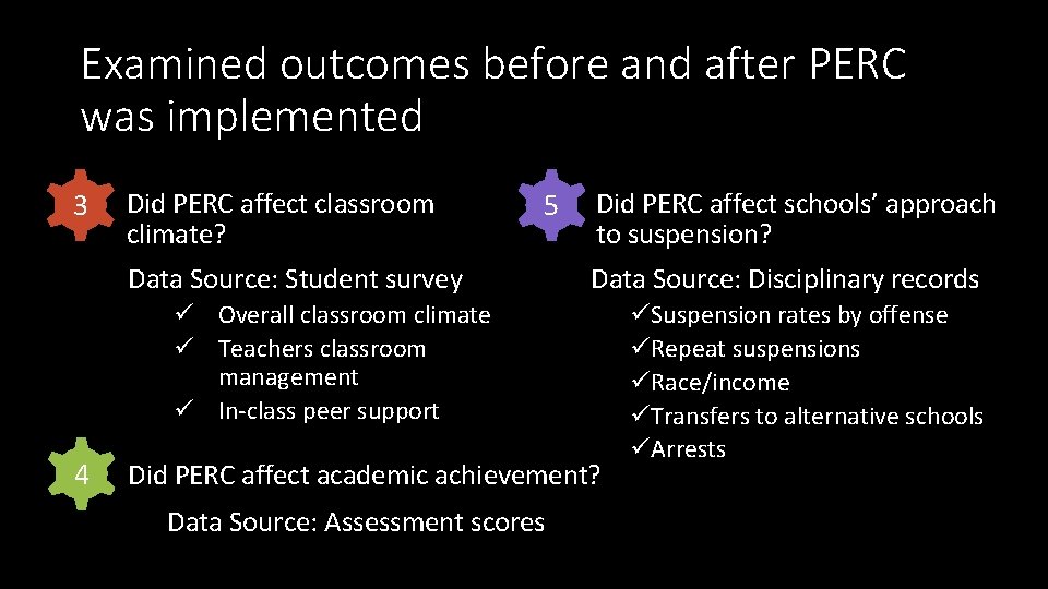 Examined outcomes before and after PERC was implemented 33. Did PERC affect classroom climate?