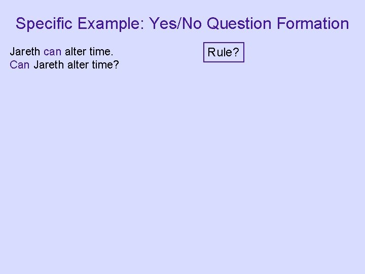 Specific Example: Yes/No Question Formation Jareth can alter time. Can Jareth alter time? Rule?