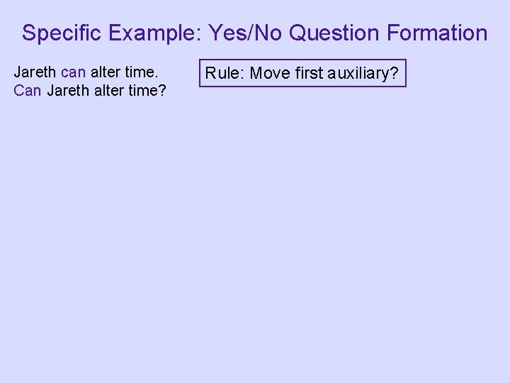 Specific Example: Yes/No Question Formation Jareth can alter time. Can Jareth alter time? Rule: