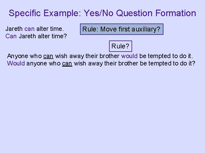 Specific Example: Yes/No Question Formation Jareth can alter time. Can Jareth alter time? Rule: