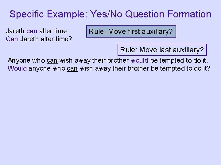 Specific Example: Yes/No Question Formation Jareth can alter time. Can Jareth alter time? Rule: