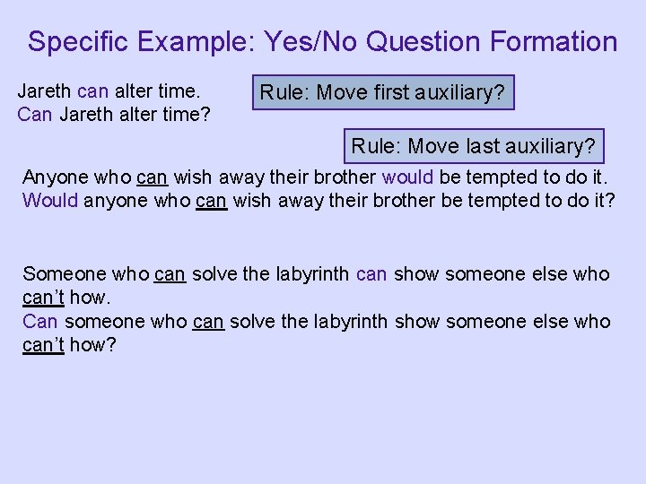 Specific Example: Yes/No Question Formation Jareth can alter time. Can Jareth alter time? Rule: