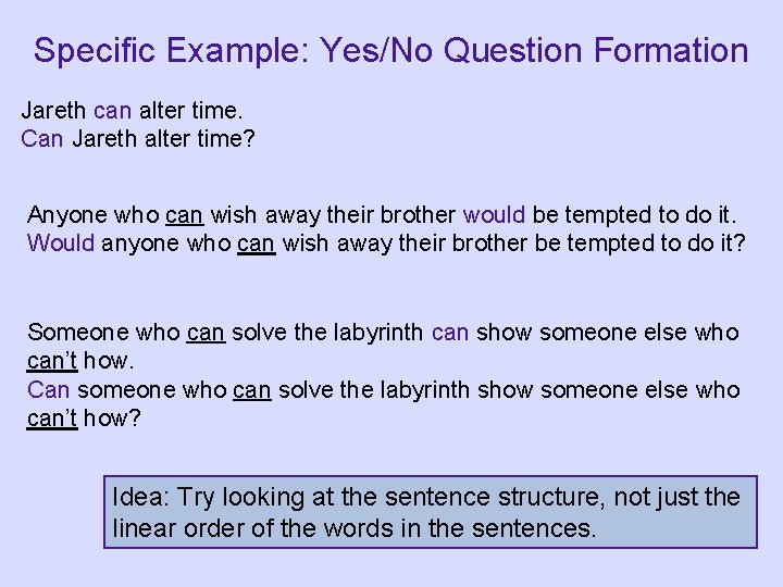 Specific Example: Yes/No Question Formation Jareth can alter time. Can Jareth alter time? Anyone