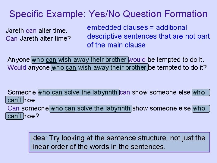 Specific Example: Yes/No Question Formation Jareth can alter time. Can Jareth alter time? embedded