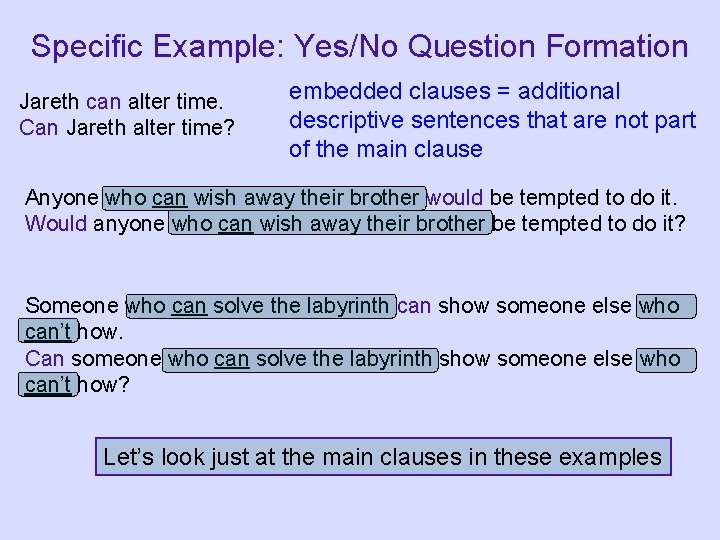 Specific Example: Yes/No Question Formation Jareth can alter time. Can Jareth alter time? embedded