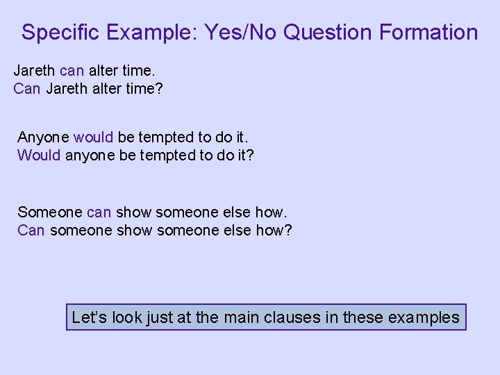 Specific Example: Yes/No Question Formation Jareth can alter time. Can Jareth alter time? Anyone