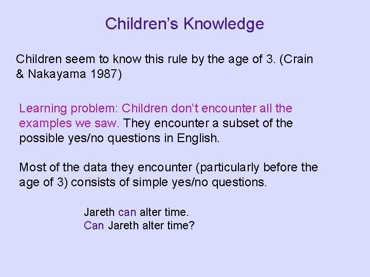 Children’s Knowledge Children seem to know this rule by the age of 3. (Crain