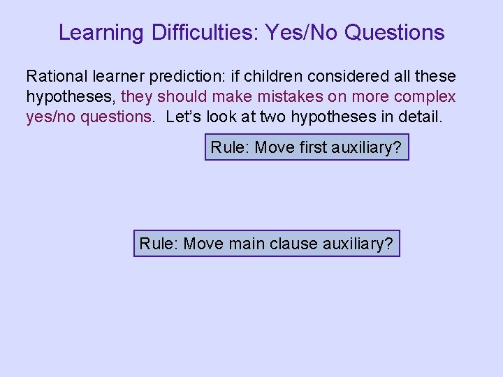 Learning Difficulties: Yes/No Questions Rational learner prediction: if children considered all these hypotheses, they