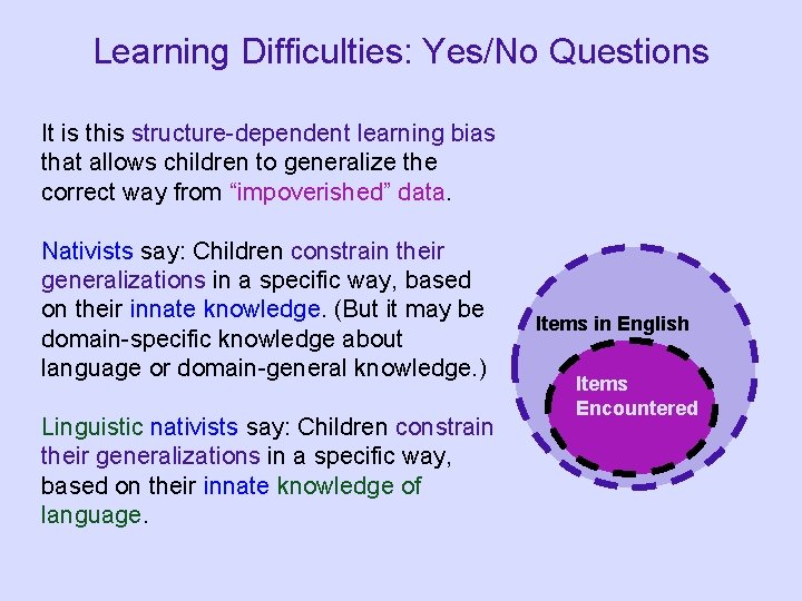 Learning Difficulties: Yes/No Questions It is this structure-dependent learning bias that allows children to