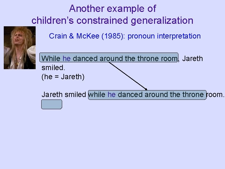Another example of children’s constrained generalization Crain & Mc. Kee (1985): pronoun interpretation While