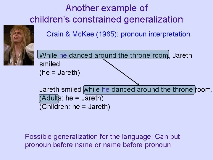 Another example of children’s constrained generalization Crain & Mc. Kee (1985): pronoun interpretation While