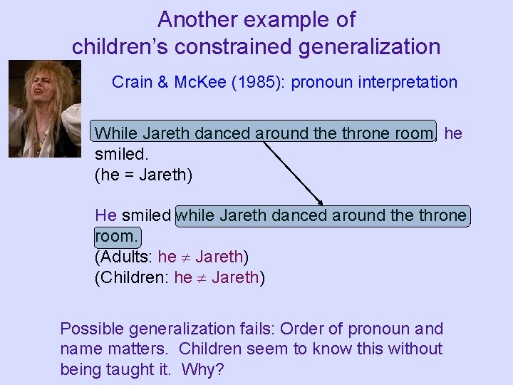 Another example of children’s constrained generalization Crain & Mc. Kee (1985): pronoun interpretation While