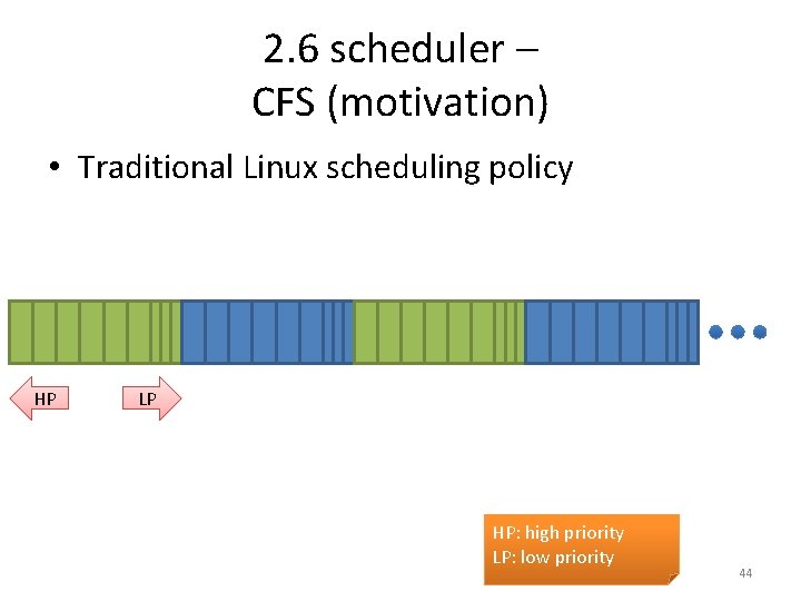 2. 6 scheduler – CFS (motivation) • Traditional Linux scheduling policy HP LP HP: