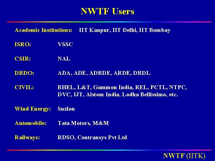 NWTF Users Academic Institutions: IIT Kanpur, IIT Delhi, IIT Bombay ISRO: VSSC CSIR: NAL NWTF Users Academic Institutions: IIT Kanpur, IIT Delhi, IIT Bombay ISRO: VSSC CSIR: NAL