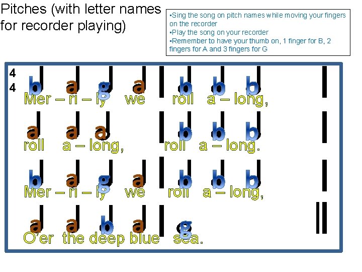 Pitches (with letter names for recorder playing) 4 4 a a Mer – ri
