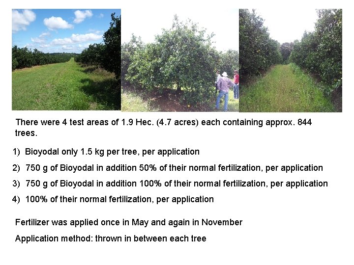 There were 4 test areas of 1. 9 Hec. (4. 7 acres) each containing
