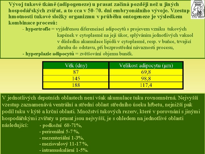 Vývoj tukové tkáně (adipogeneze) u prasat začíná později než u jiných hospodářských zvířat, a