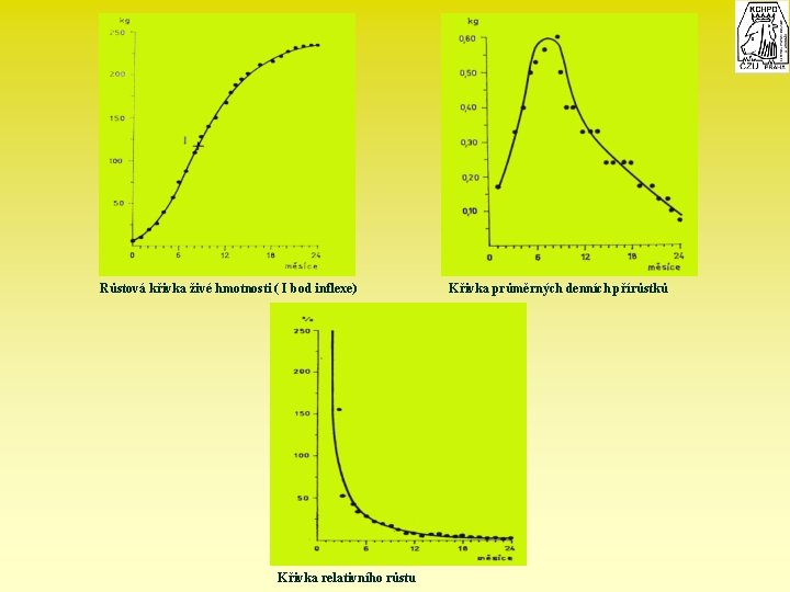 Růstová křivka živé hmotnosti ( I bod inflexe) Křivka relativního růstu Křivka průměrných denních