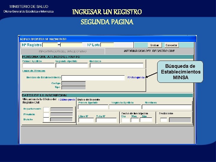 INGRESAR UN REGISTRO SEGUNDA PAGINA Búsqueda de Establecimientos MINSA 