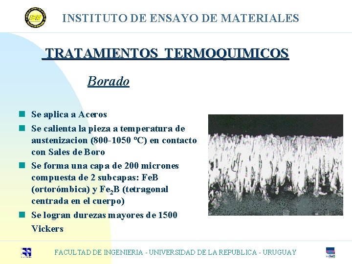 INSTITUTO DE ENSAYO DE MATERIALES TRATAMIENTOS TERMOQUIMICOS Borado n Se aplica a Aceros n