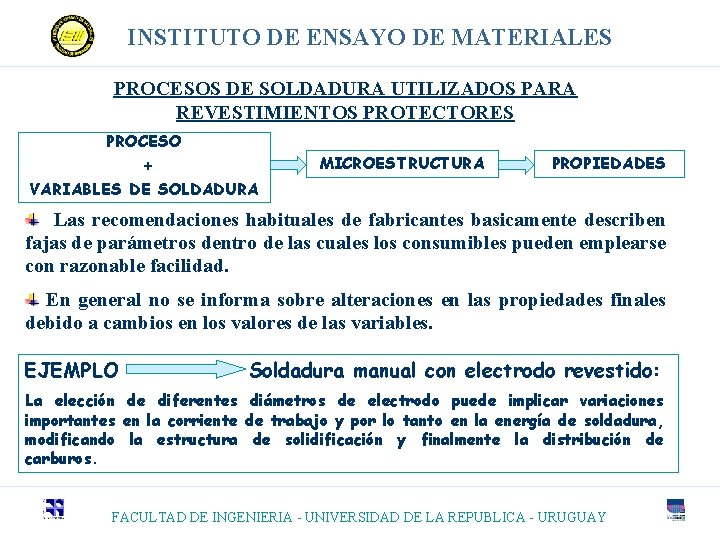 INSTITUTO DE ENSAYO DE MATERIALES PROCESOS DE SOLDADURA UTILIZADOS PARA REVESTIMIENTOS PROTECTORES PROCESO +