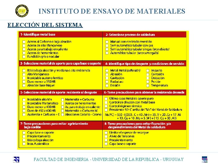 INSTITUTO DE ENSAYO DE MATERIALES ELECCIÓN DEL SISTEMA FACULTAD DE INGENIERIA - UNIVERSIDAD DE