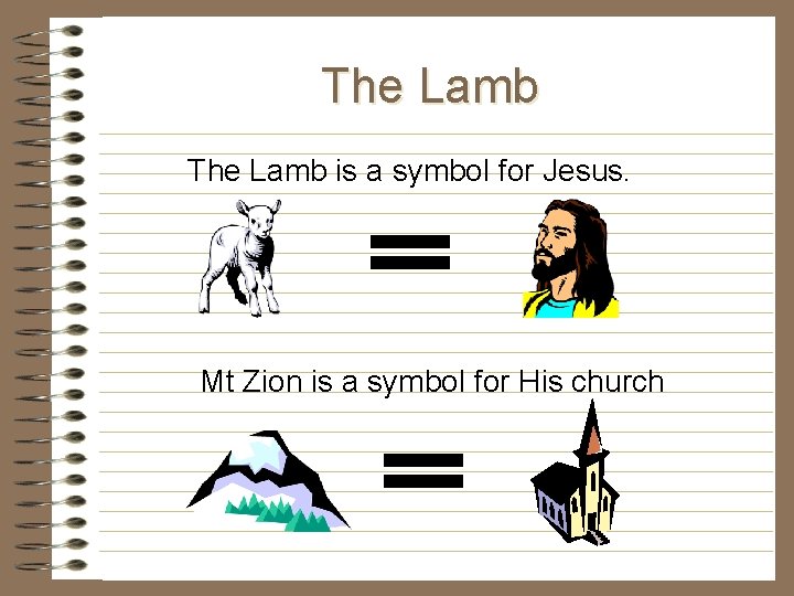 The Lamb is a symbol for Jesus. Mt Zion is a symbol for His The Lamb is a symbol for Jesus. Mt Zion is a symbol for His