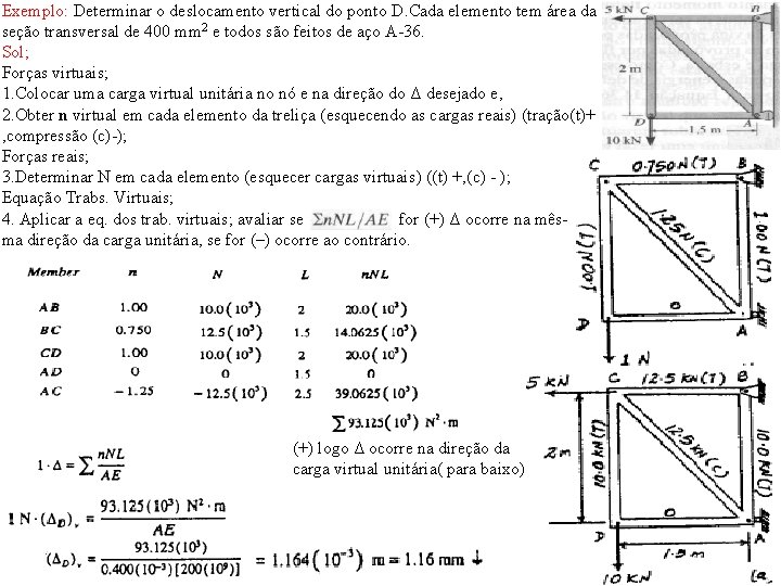 Exemplo: Determinar o deslocamento vertical do ponto D. Cada elemento tem área da seção Exemplo: Determinar o deslocamento vertical do ponto D. Cada elemento tem área da seção