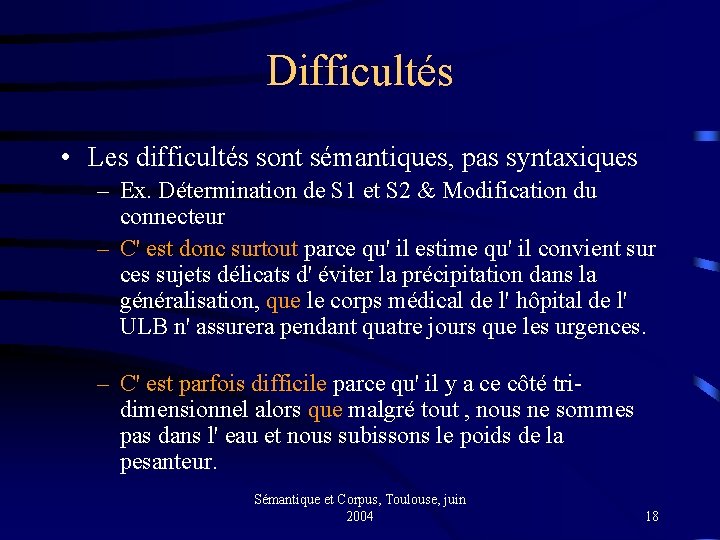 Difficultés • Les difficultés sont sémantiques, pas syntaxiques – Ex. Détermination de S 1