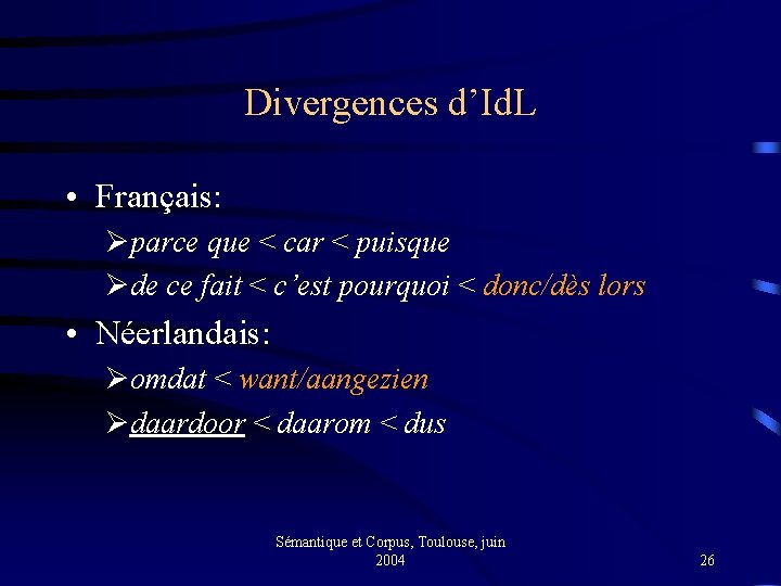 Divergences d’Id. L • Français: Øparce que < car < puisque Øde ce fait