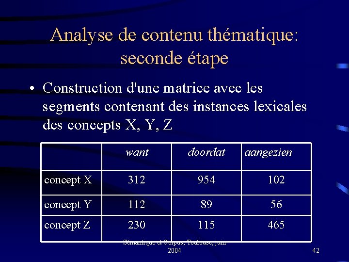 Analyse de contenu thématique: seconde étape • Construction d'une matrice avec les segments contenant