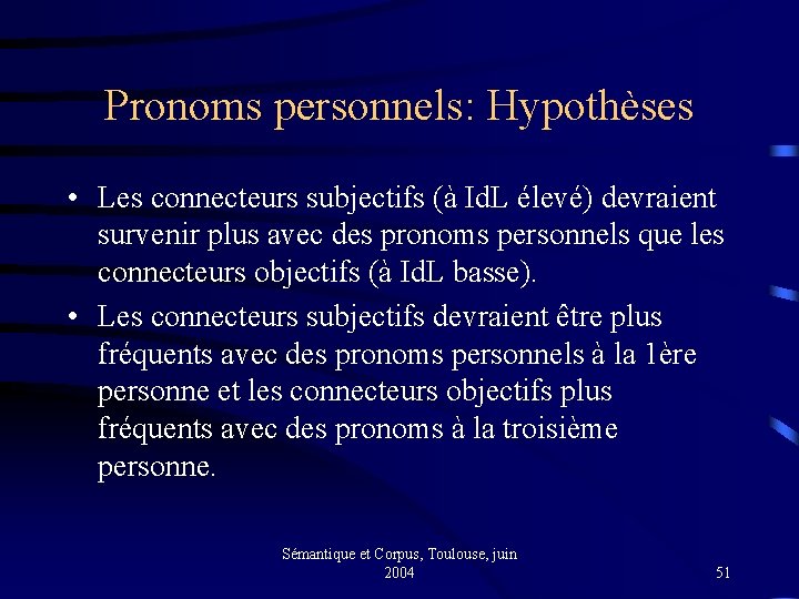 Pronoms personnels: Hypothèses • Les connecteurs subjectifs (à Id. L élevé) devraient survenir plus