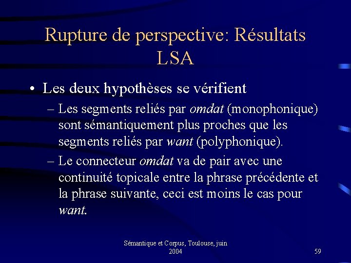 Rupture de perspective: Résultats LSA • Les deux hypothèses se vérifient – Les segments