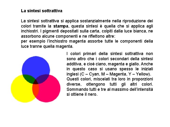 La sintesi sottrattiva si applica sostanzialmente nella riproduzione dei colori tramite la stampa, questa