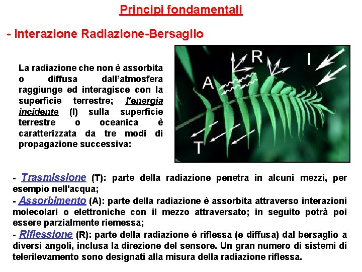 Principi fondamentali - Interazione Radiazione-Bersaglio La radiazione che non è assorbita o diffusa dall’atmosfera