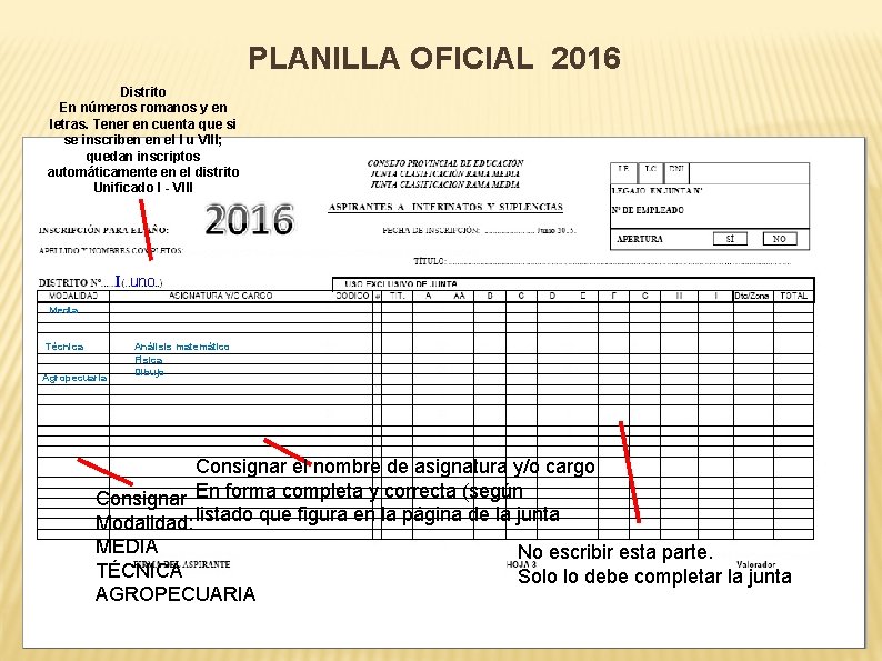 PLANILLA OFICIAL 2016 Distrito En números romanos y en letras. Tener en cuenta que PLANILLA OFICIAL 2016 Distrito En números romanos y en letras. Tener en cuenta que