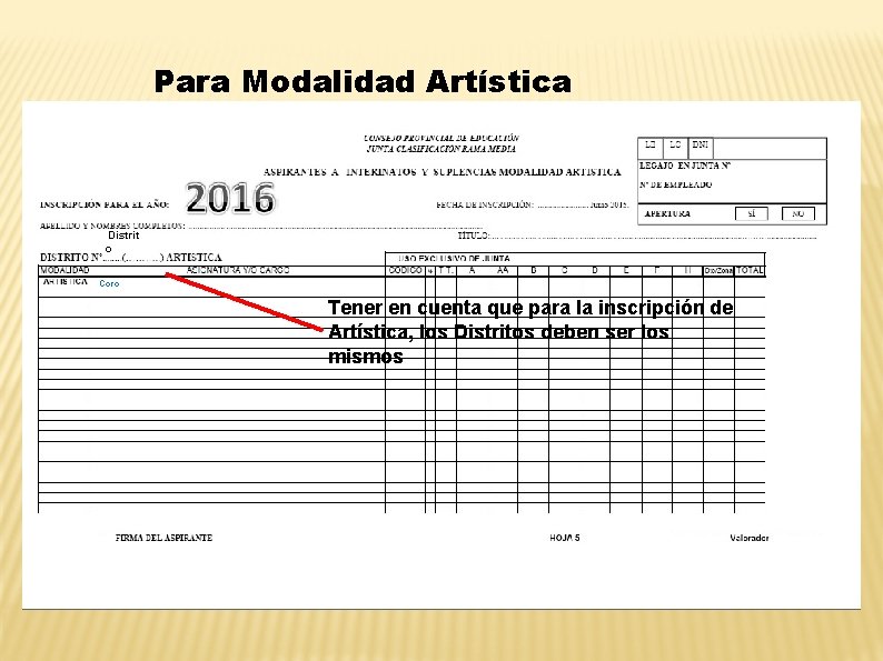 Para Modalidad Artística Distrit o Coro Tener en cuenta que para la inscripción de Para Modalidad Artística Distrit o Coro Tener en cuenta que para la inscripción de
