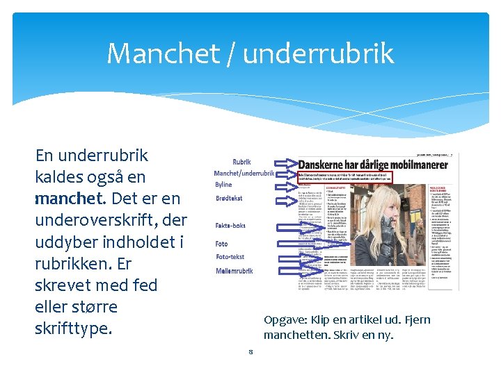 Manchet / underrubrik En underrubrik kaldes også en manchet. Det er en underoverskrift, der