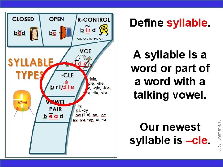 Define syllable. Our newest syllable is –cle. Judy Fuhrman 4/13 A syllable is a