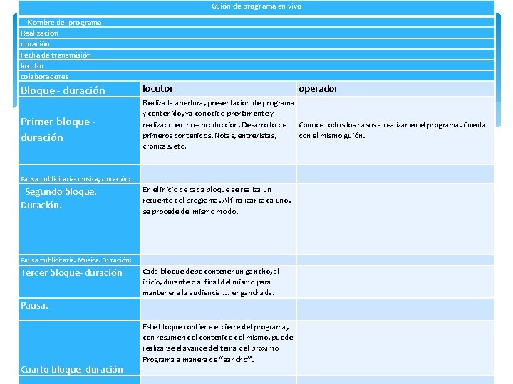 Guión de programa en vivo Nombre del programa Realización duración Fecha de transmisión locutor